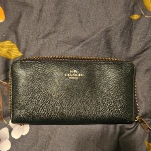Coach Dark Green Leather Wallet with Gold Accents